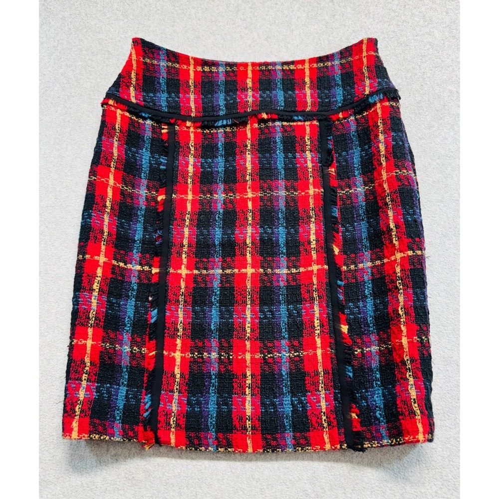 Anne Klein Tweed Plaid Pencil Skirt Womens Size 2 Red Blue Frayed Trim Mini